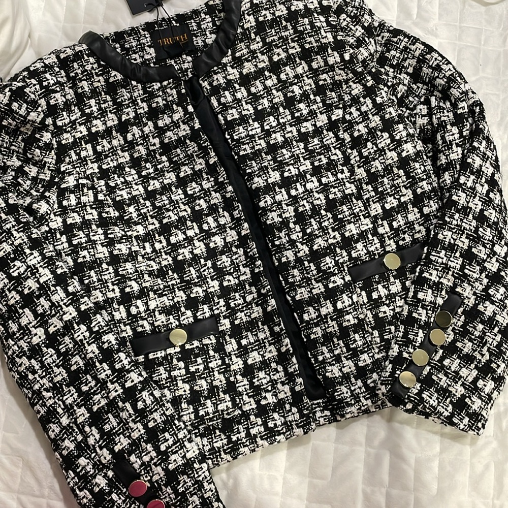 New! VEGAN LEATHER TRIM BOUCLE Crop Black and White Tweed Jacket